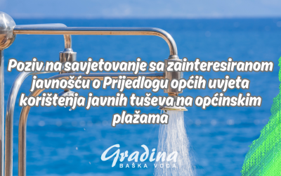 Poziv na savjetovanje sa zainteresiranom javnošću o Prijedlogu općih uvjeta korištenja javnih tuševa na općinskim plažama